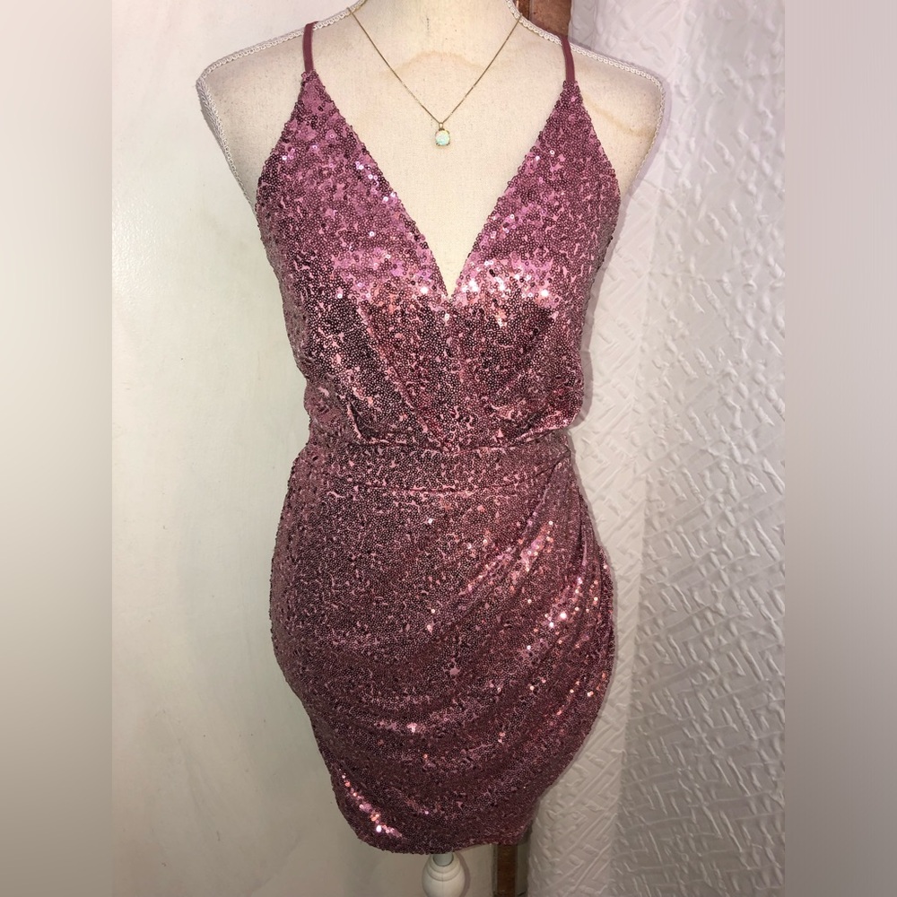 Pink Dazzling Sequined Mini Dress W/Waist Cutouts